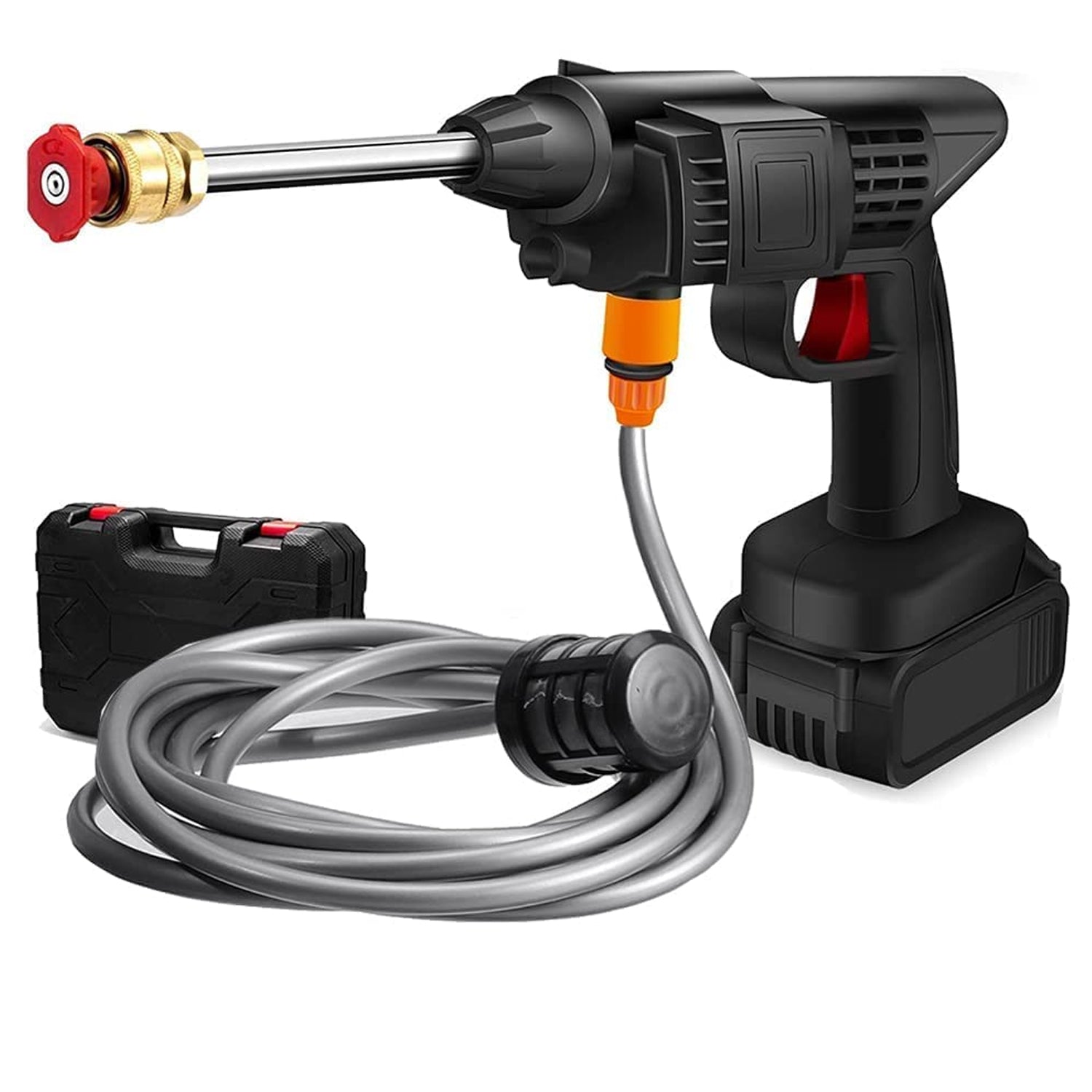 The powerful cordless car pressure washer in use, effortlessly cleaning a vehicle.