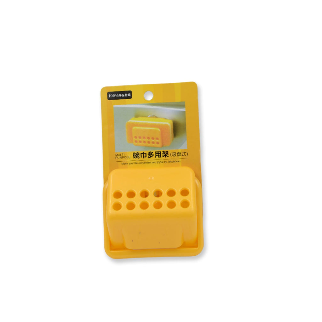 Modern no-drill soap and sponge holder for efficient sink organization.