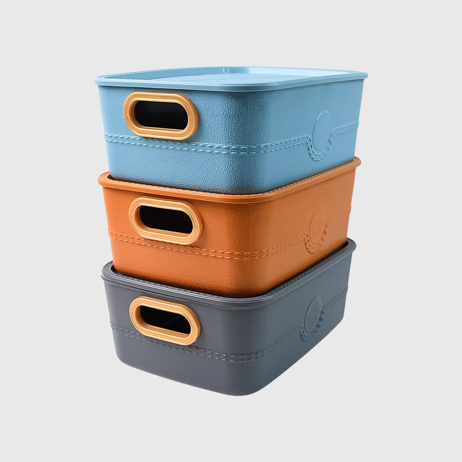 Stackable plastic organizer baskets arranged for home and office