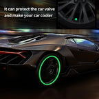 Radiant luminous tyre valve caps installed on vehicle wheels enhancing night visibility