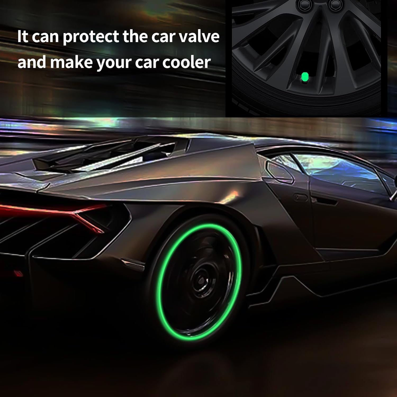 Radiant luminous tyre valve caps installed on vehicle wheels enhancing night visibility