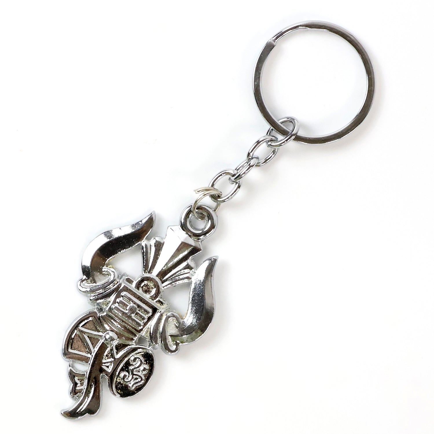 Keychain showcasing spiritual Trishul and Damru symbols with silver finish