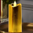 Detailed view of the realistic flame on a golden flickering LED candle.
