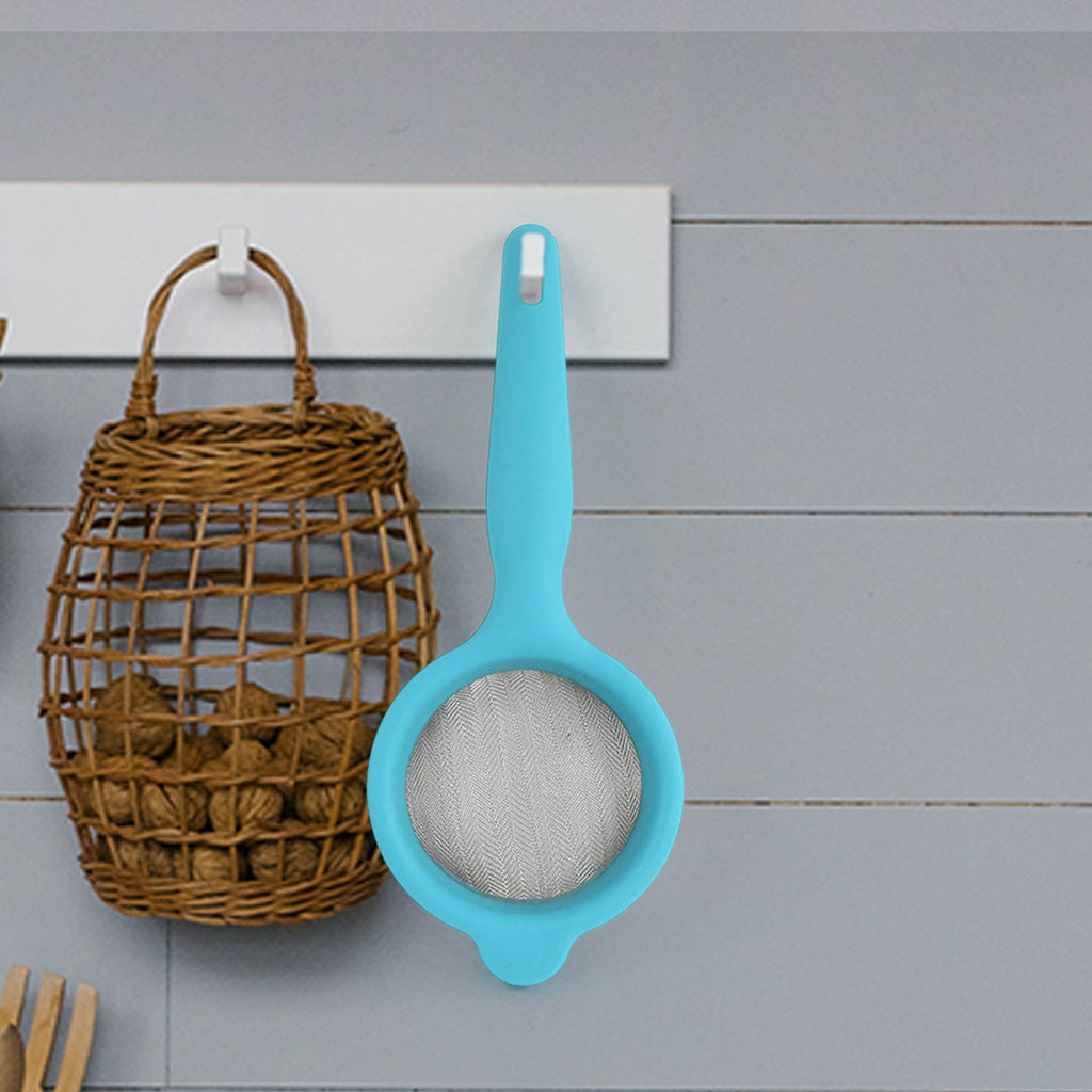 Side view of Kadak mesh strainer with plastic handle