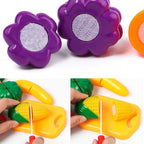 Sliceable Play Food Set featuring vibrant plastic fruits and vegetables for kids' pretend play.