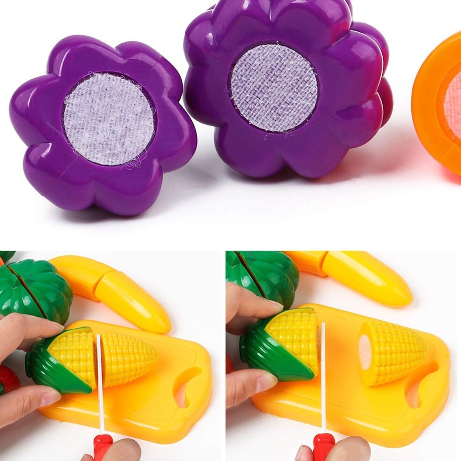 Sliceable Play Food Set featuring vibrant plastic fruits and vegetables for kids' pretend play.