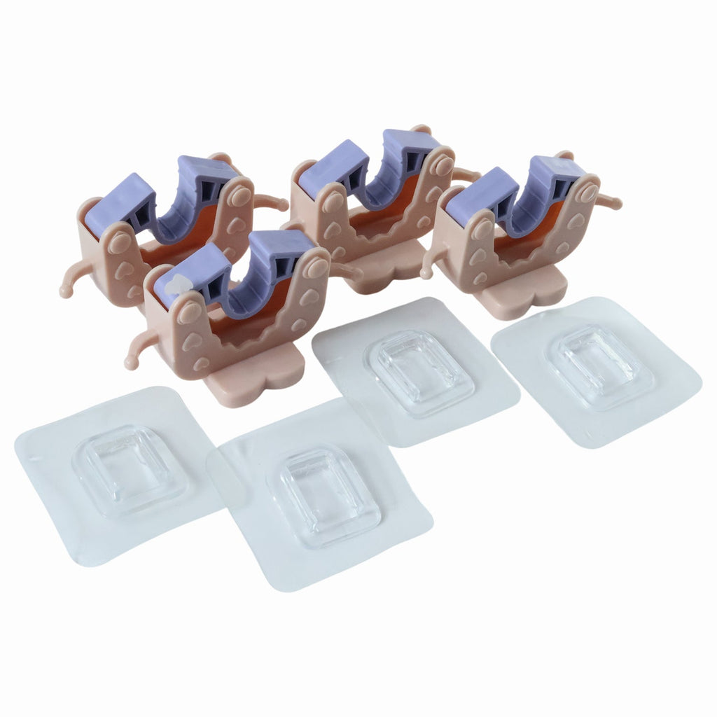 Multiple wall mounted clips organizing cleaning tool handles neatly