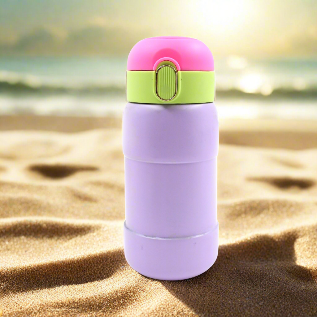 Push-button cap reveals a flexible silicone straw for easy sipping from the bottle.