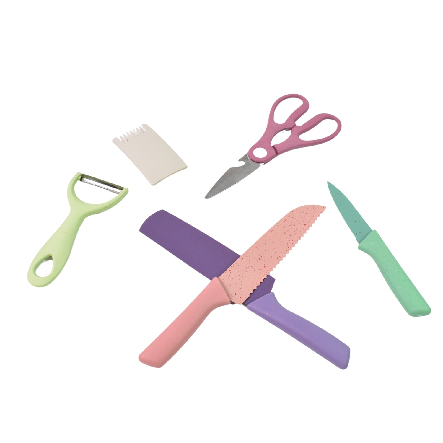 CookAura 6-piece kitchen knife set showcased on a rustic wooden cutting board.