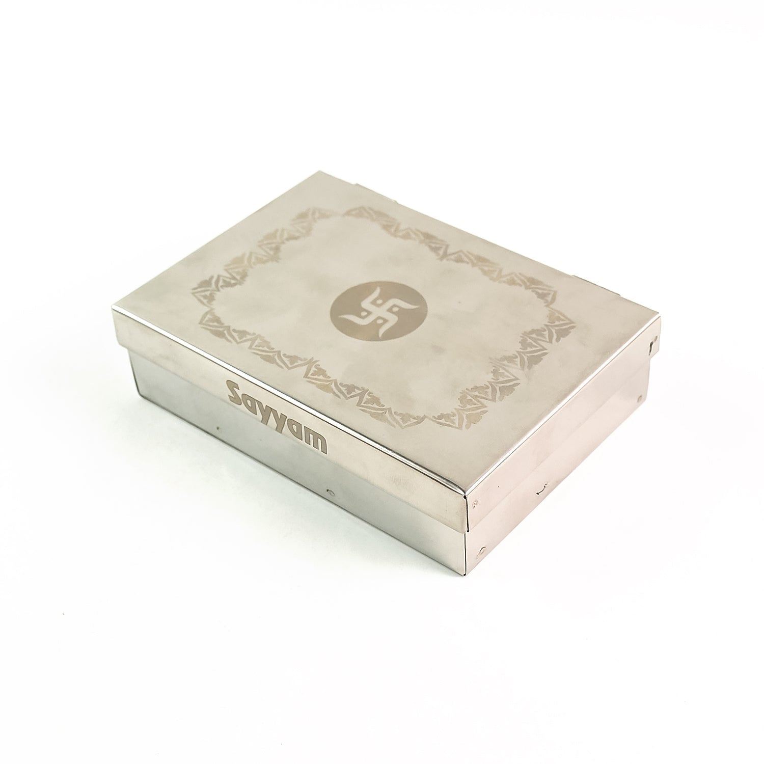 Close-up of the interior compartments of the stainless steel jewelry organizer.