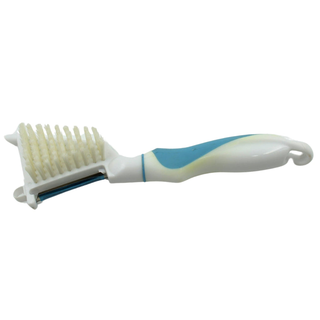 The versatile peeler brush illustrating its different functions, including a can opener.