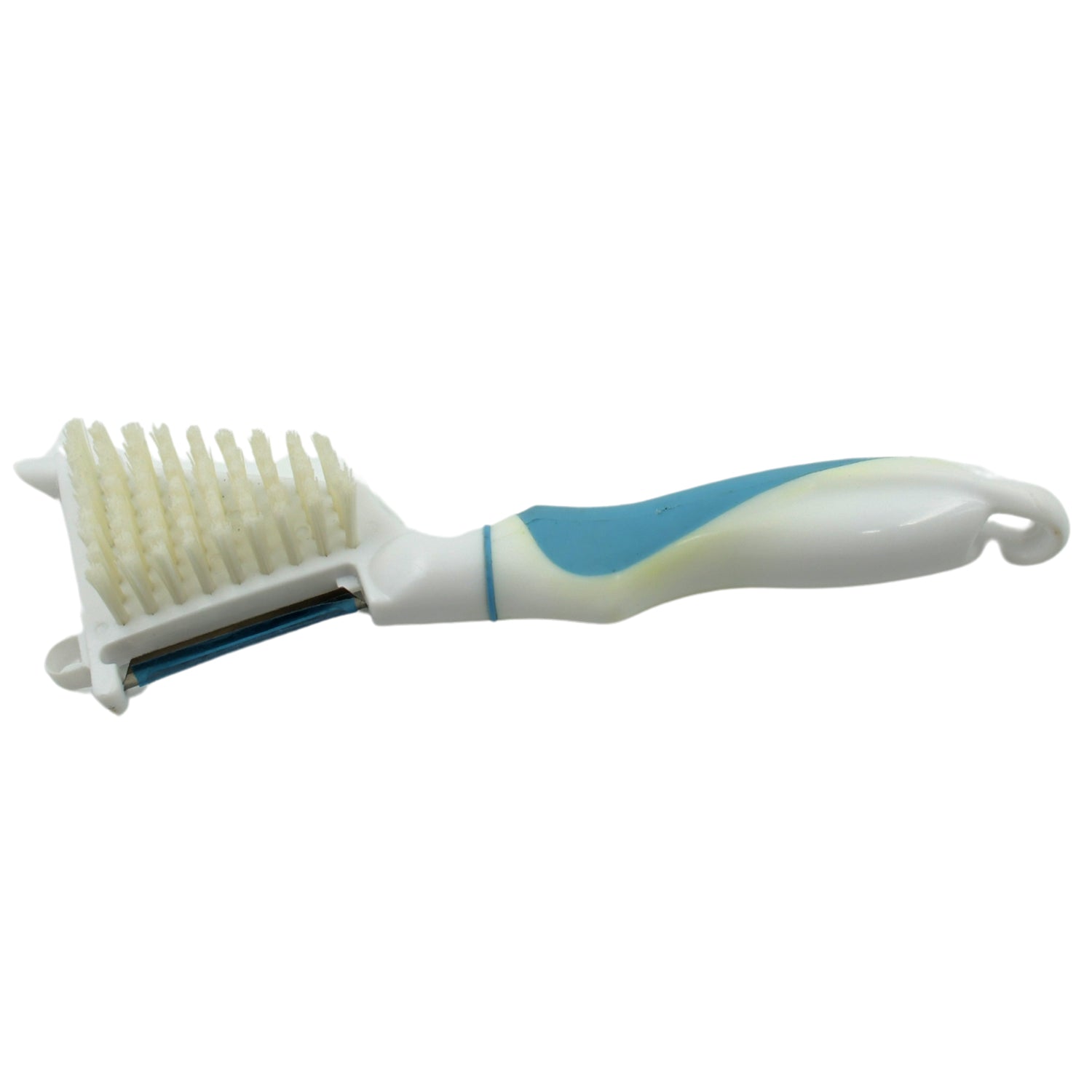 The versatile peeler brush illustrating its different functions, including a can opener.