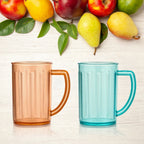 Clear plastic beer glasses with sturdy handles, ready for a party or outdoor gathering.