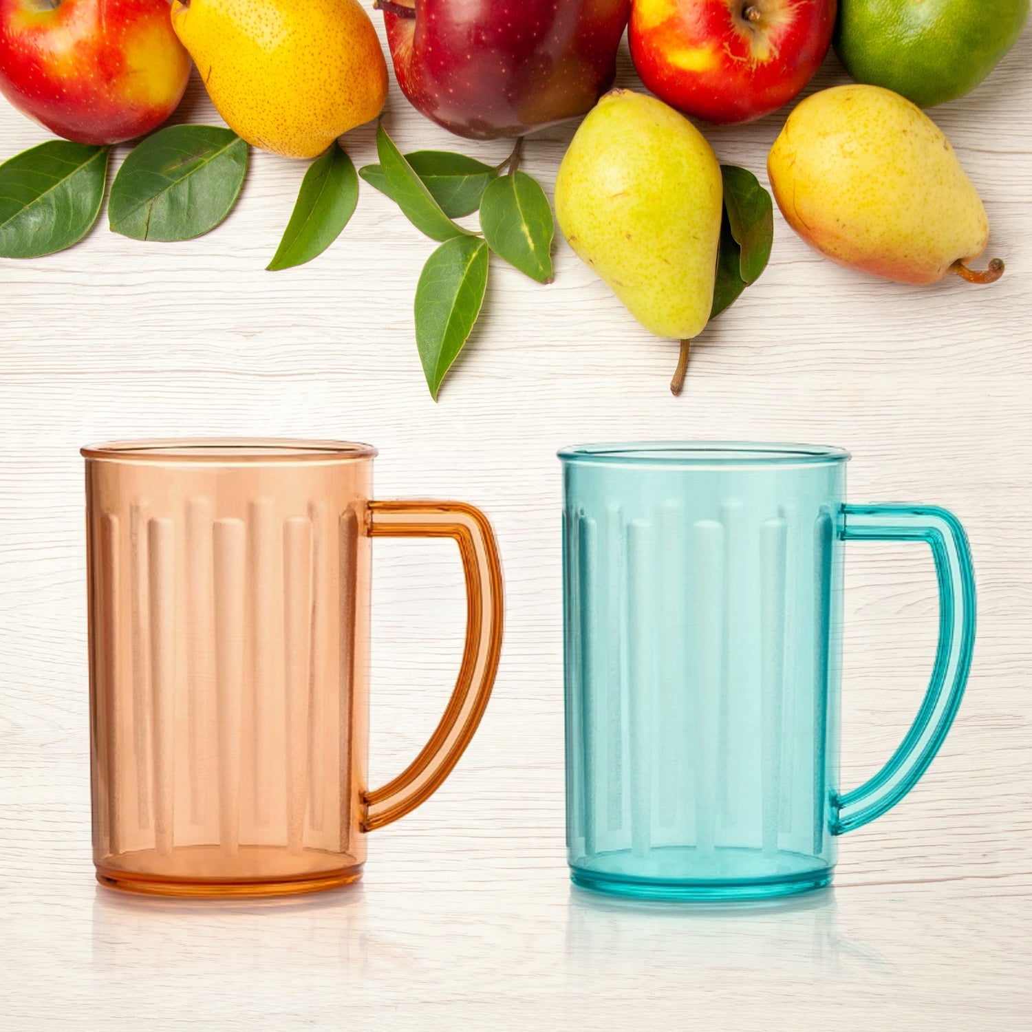 Clear plastic beer glasses with sturdy handles, ready for a party or outdoor gathering.