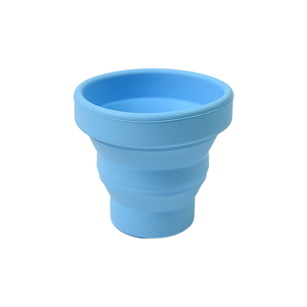 Lightweight silicone travel cup shown upright and collapsed, emphasizing portability.