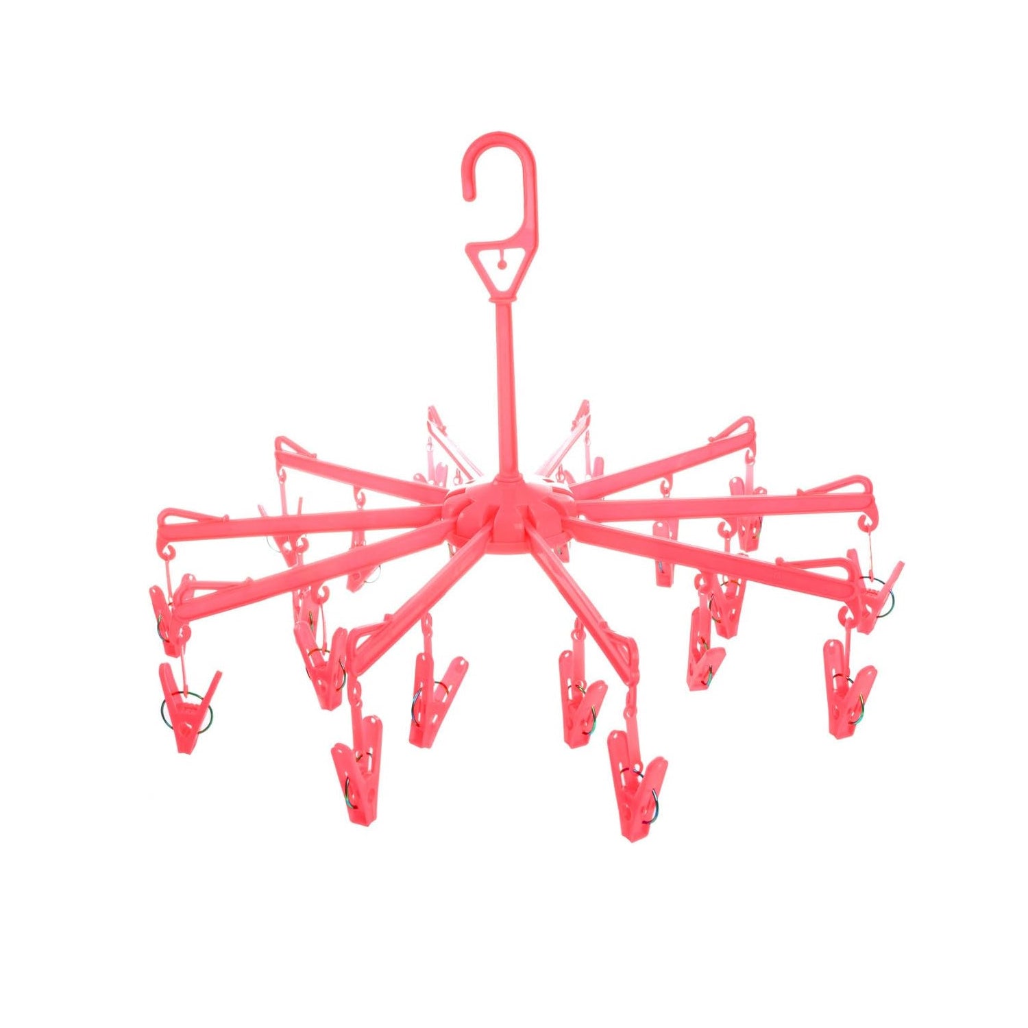 Close-up of the clothes clips hanger securely holding baby clothes for quick drying.