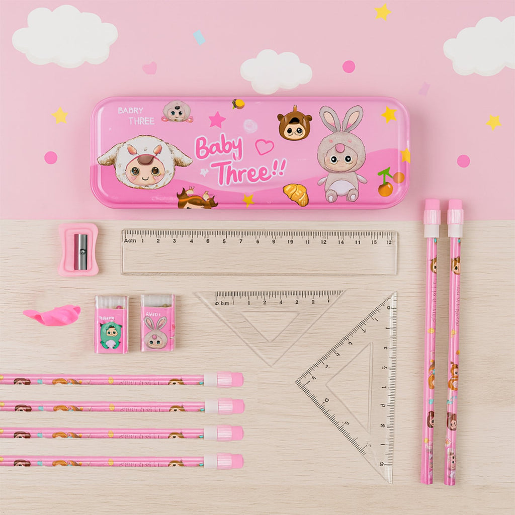 Cute cartoon stationery gift set featuring pencils, erasers, and sharpener for kids