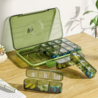 Detail of the secure snap-lids on the portable medication dispenser, ensuring pills stay contained.