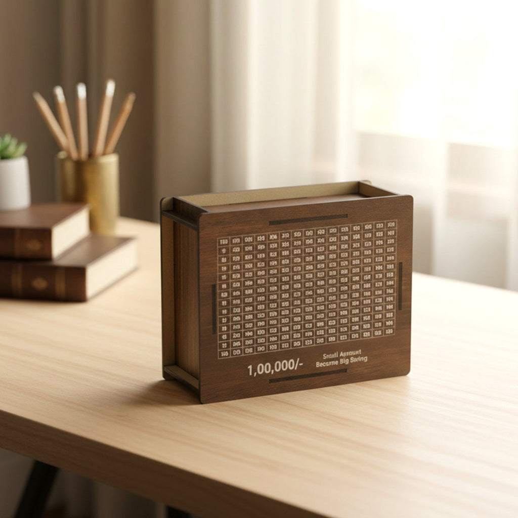 Top view of wooden money saving box showing deposit slot