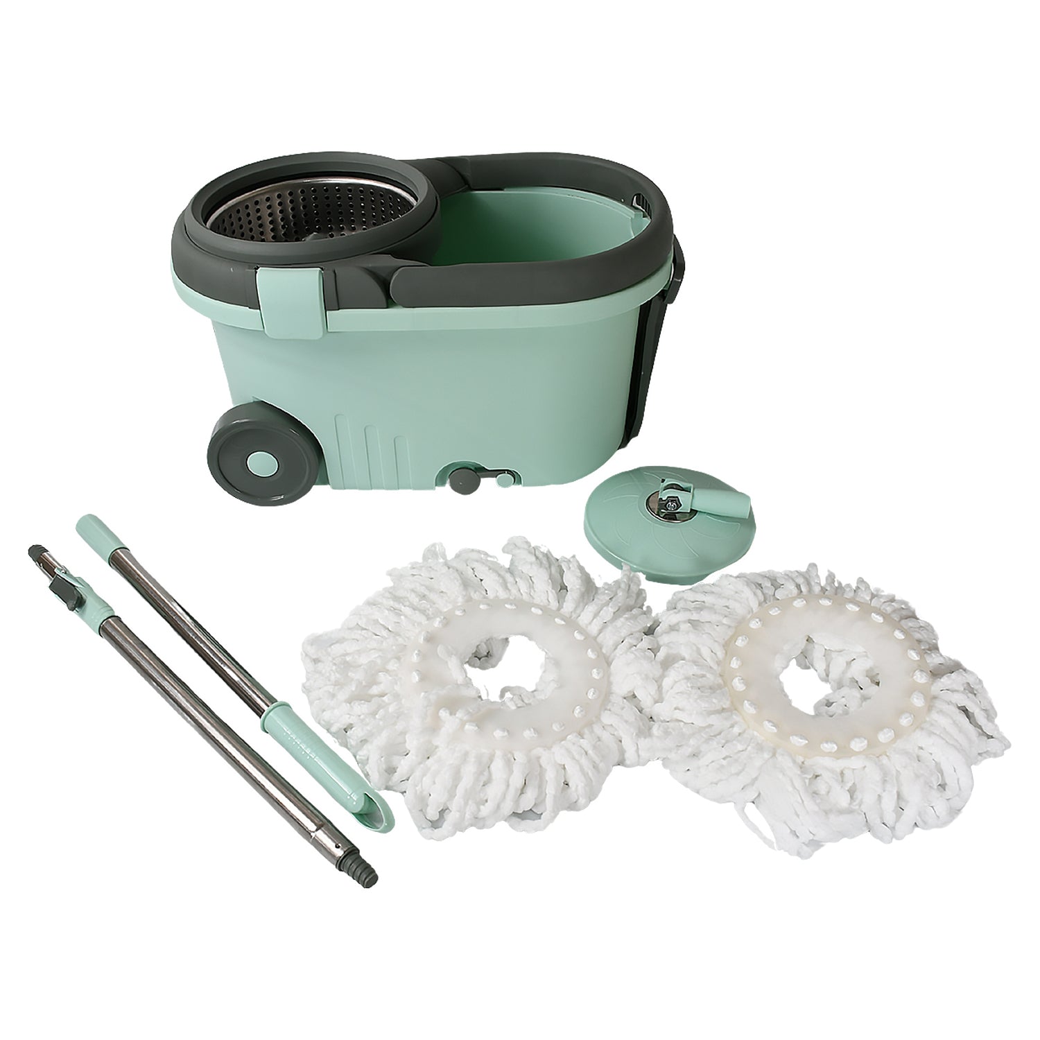 A person demonstrating the hands-free wringing mechanism of the Ganesh Spin Mop with Bucket.
