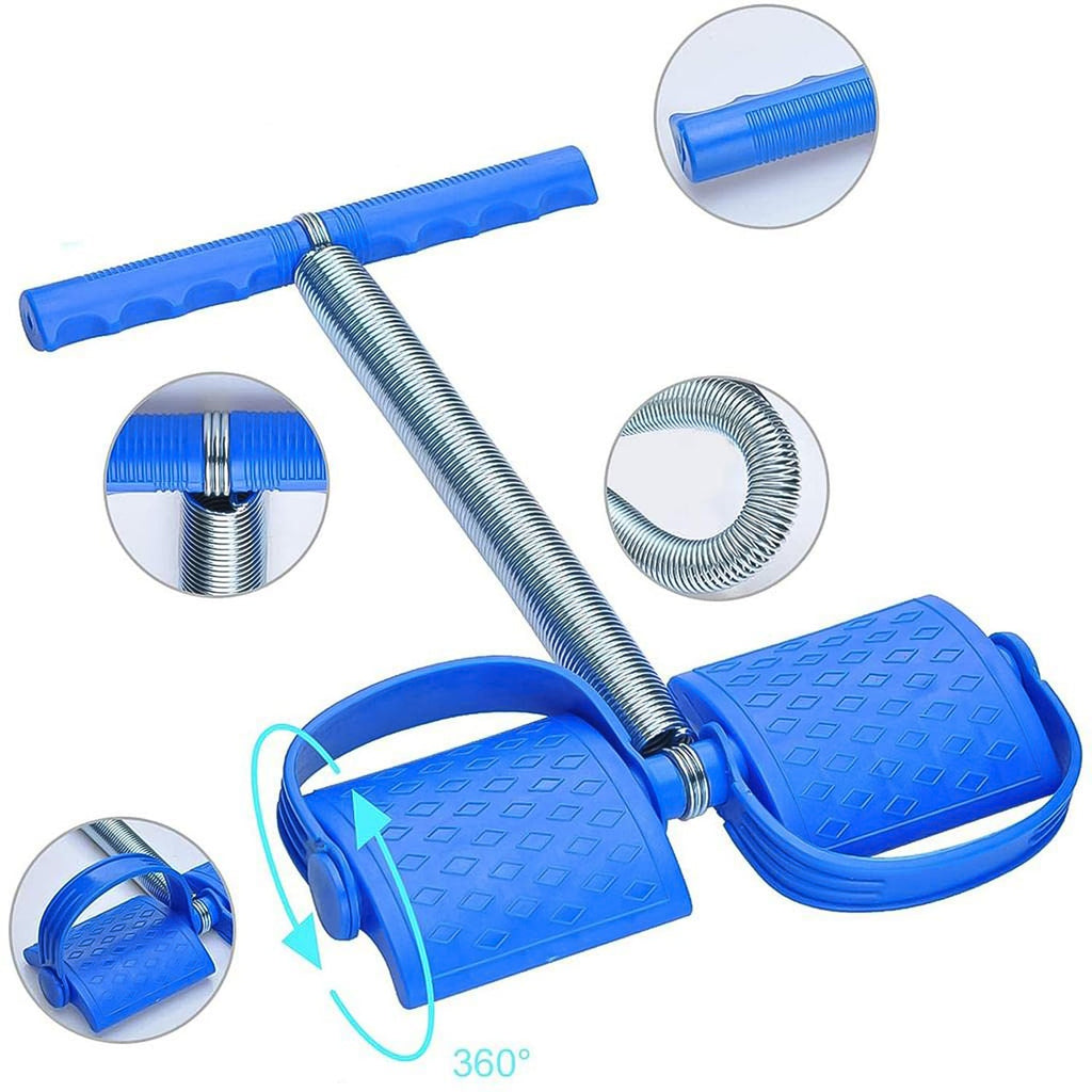 Person seated, performing a tummy trimming exercise with the foot pedal expander.