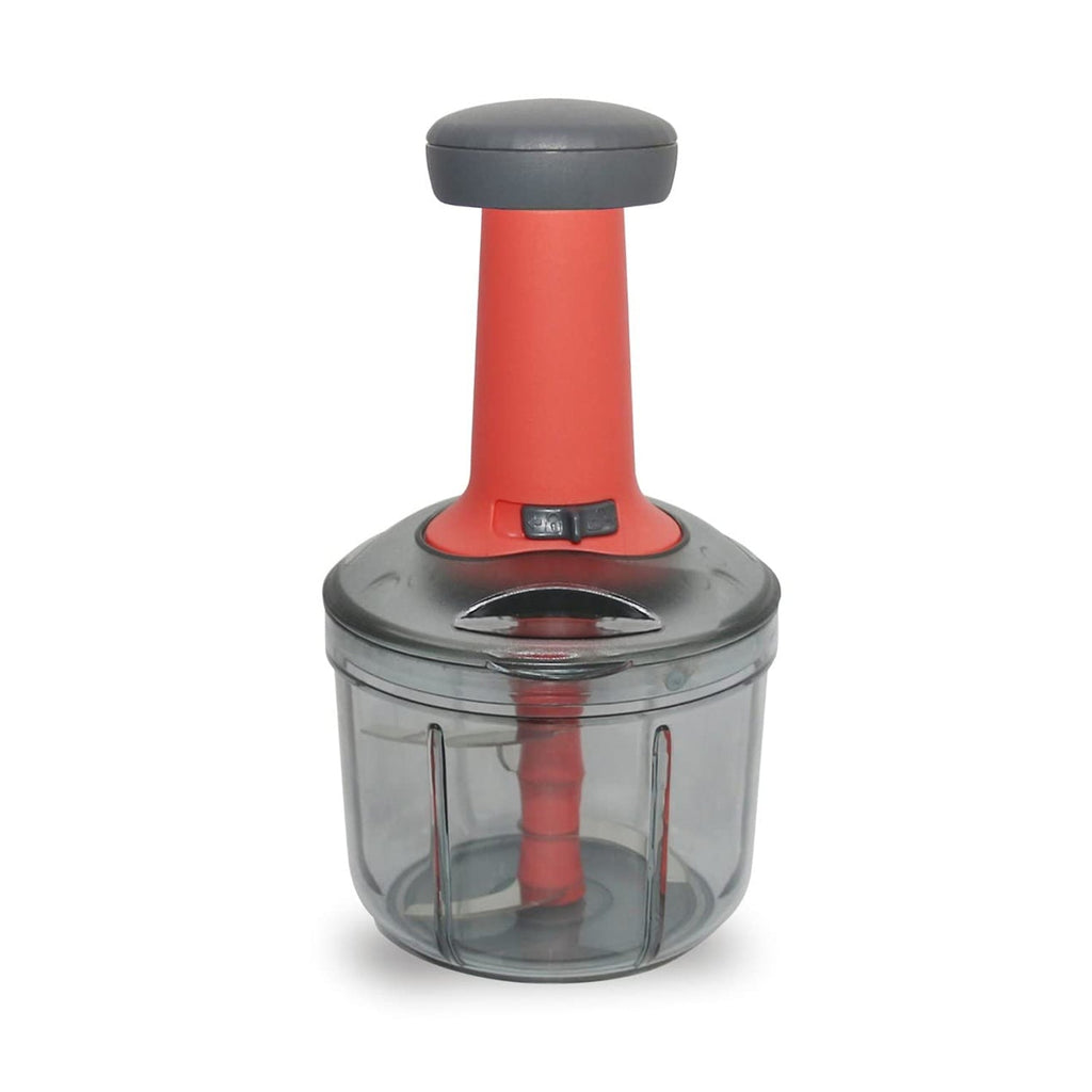 Side profile of the Quickslice manual chopper, demonstrating its sturdy build and matte texture.