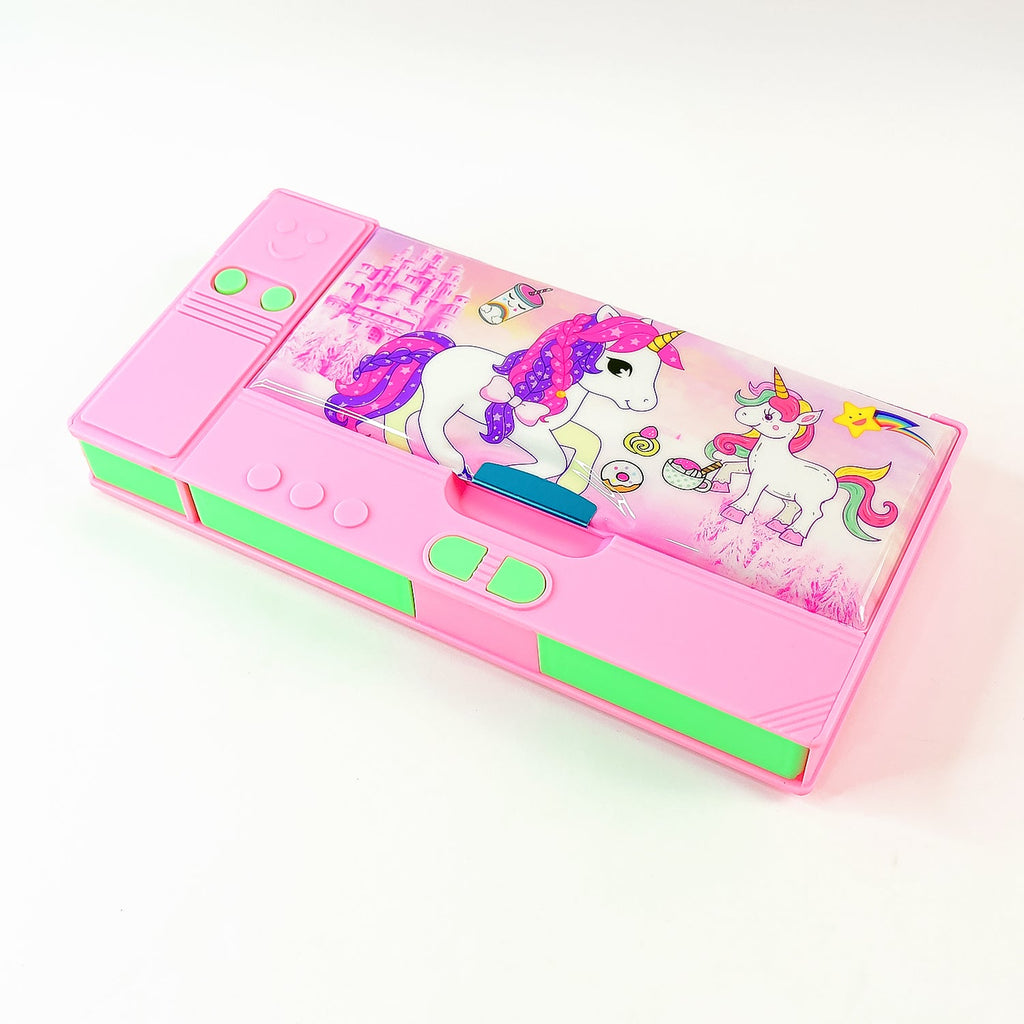 Kids' hands opening the multi-compartment Jumbo Geometry Box, ready for school use.