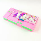 Kids' hands opening the multi-compartment Jumbo Geometry Box, ready for school use.