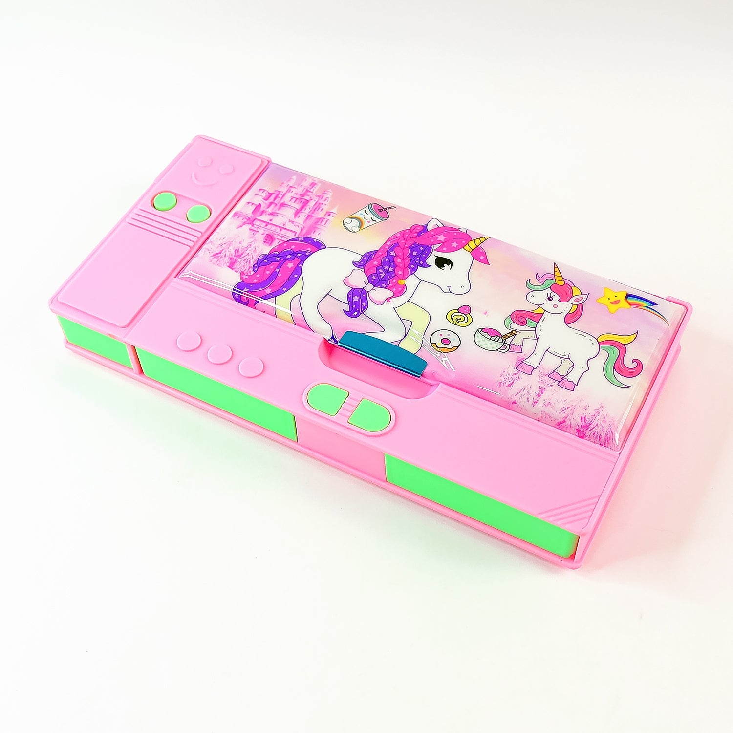 Kids' hands opening the multi-compartment Jumbo Geometry Box, ready for school use.