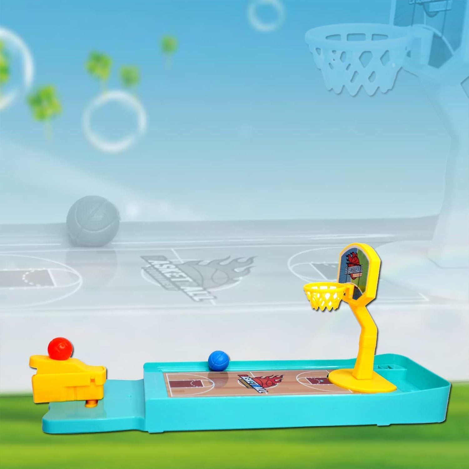 A hand launching a ball in the Finger Basketball Game, demonstrating gameplay.