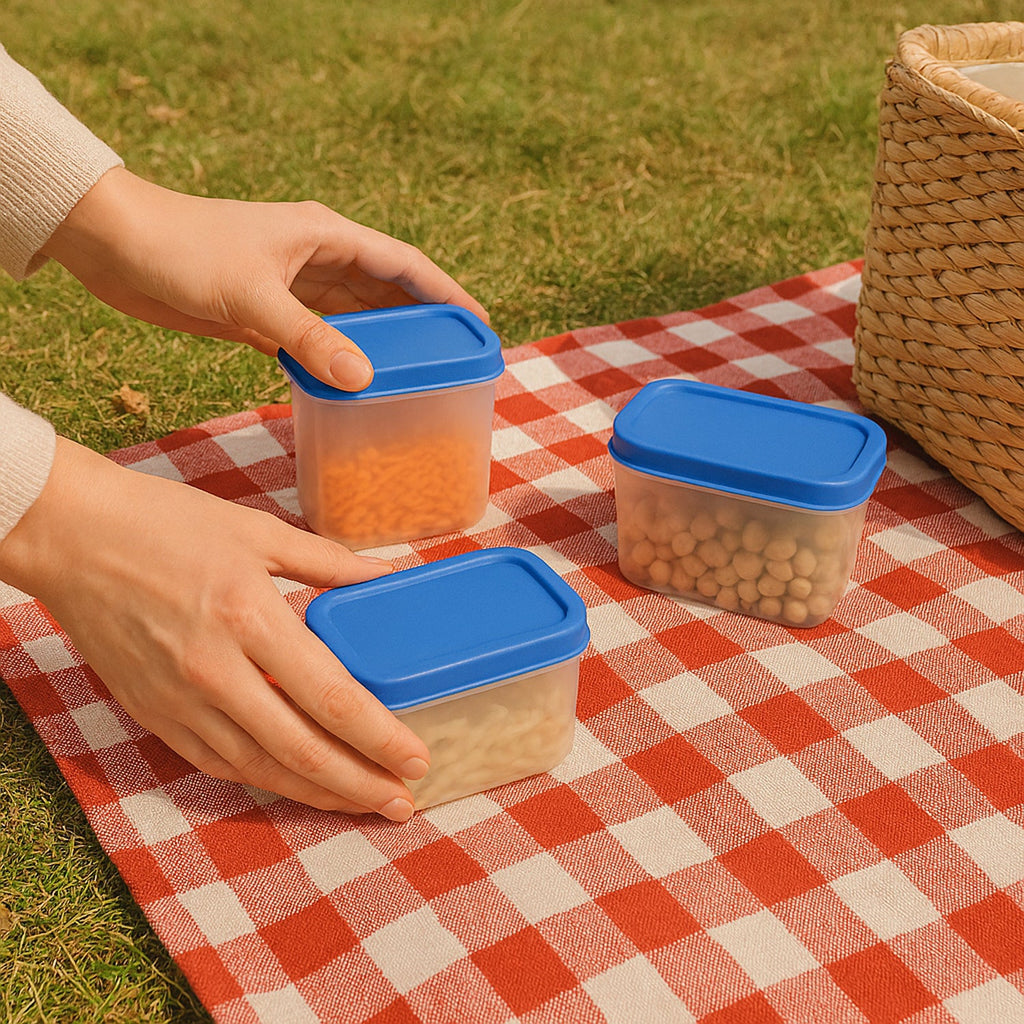 Stackable rectangular plastic storage containers for kitchen organization