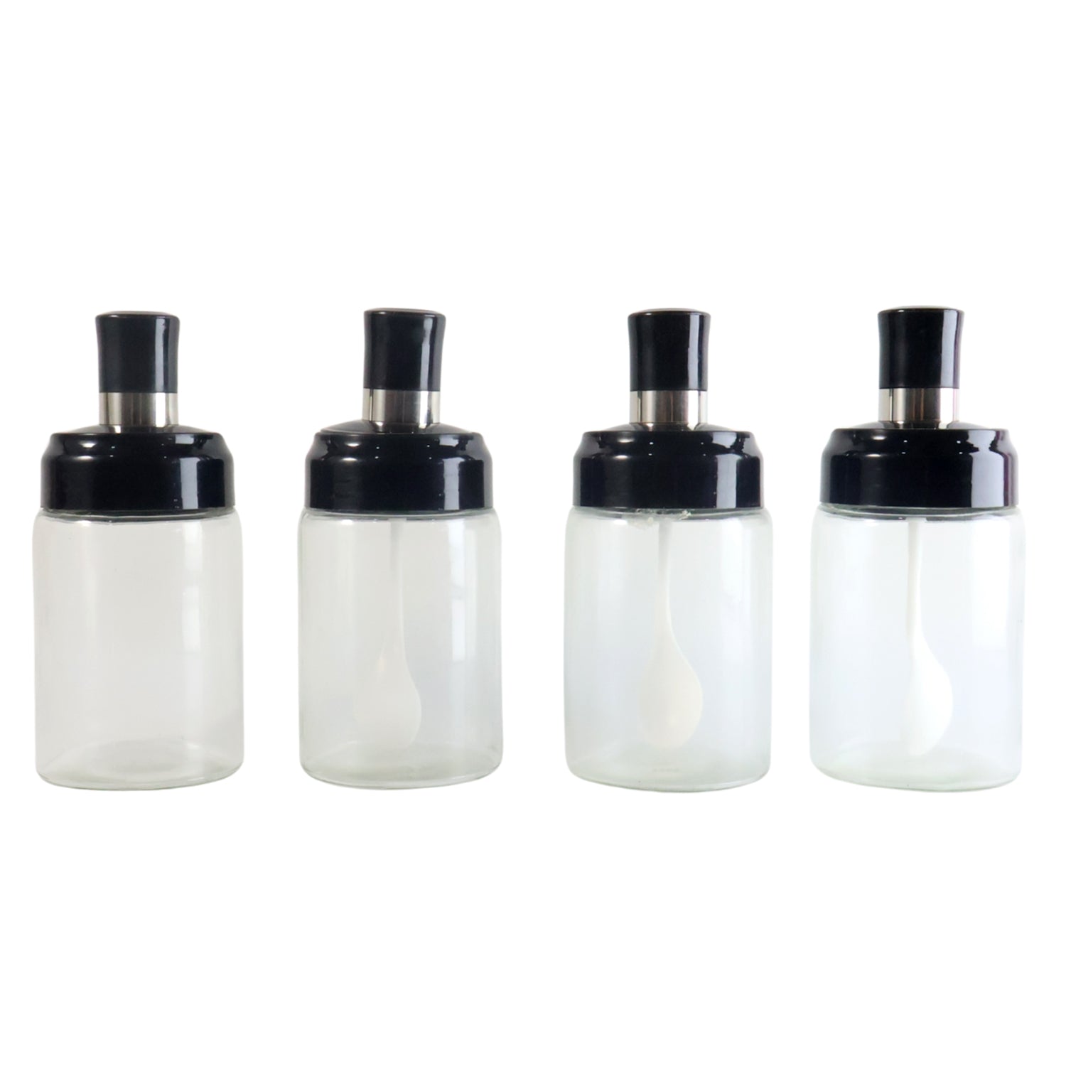 4-piece transparent jar set designed for storing salt, sugar, and spices neatly