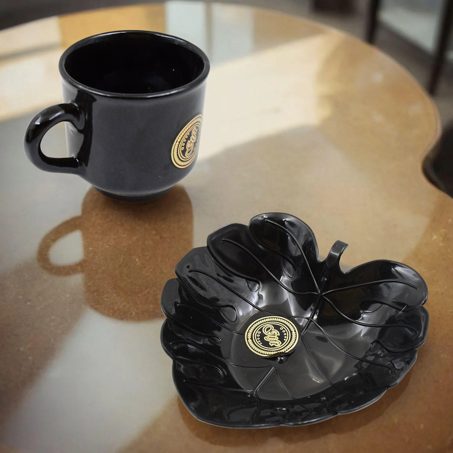 The complete 8-piece ceramic tea cup and serving bowl set presented for dining.