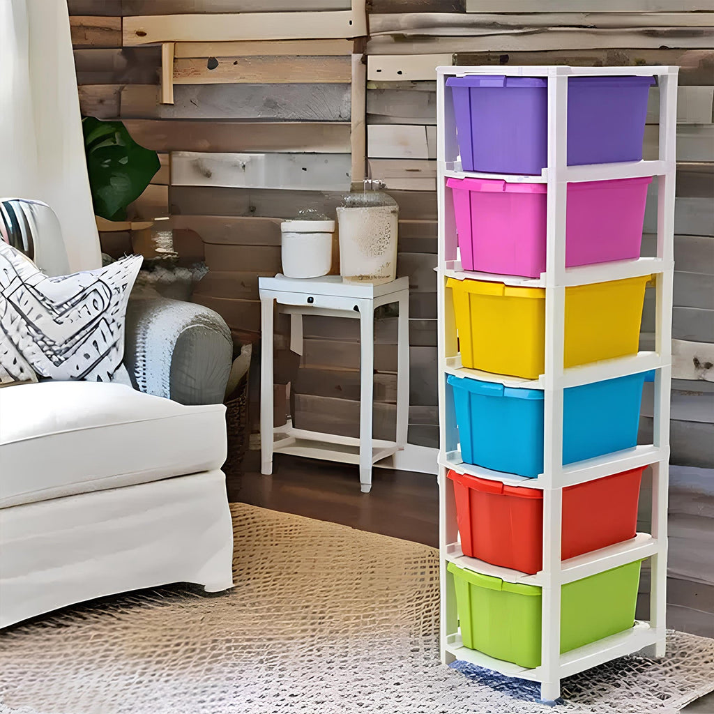 Front view of 6-layer plastic storage drawer cabinet with multi-colored drawers