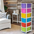 Front view of 6-layer plastic storage drawer cabinet with multi-colored drawers