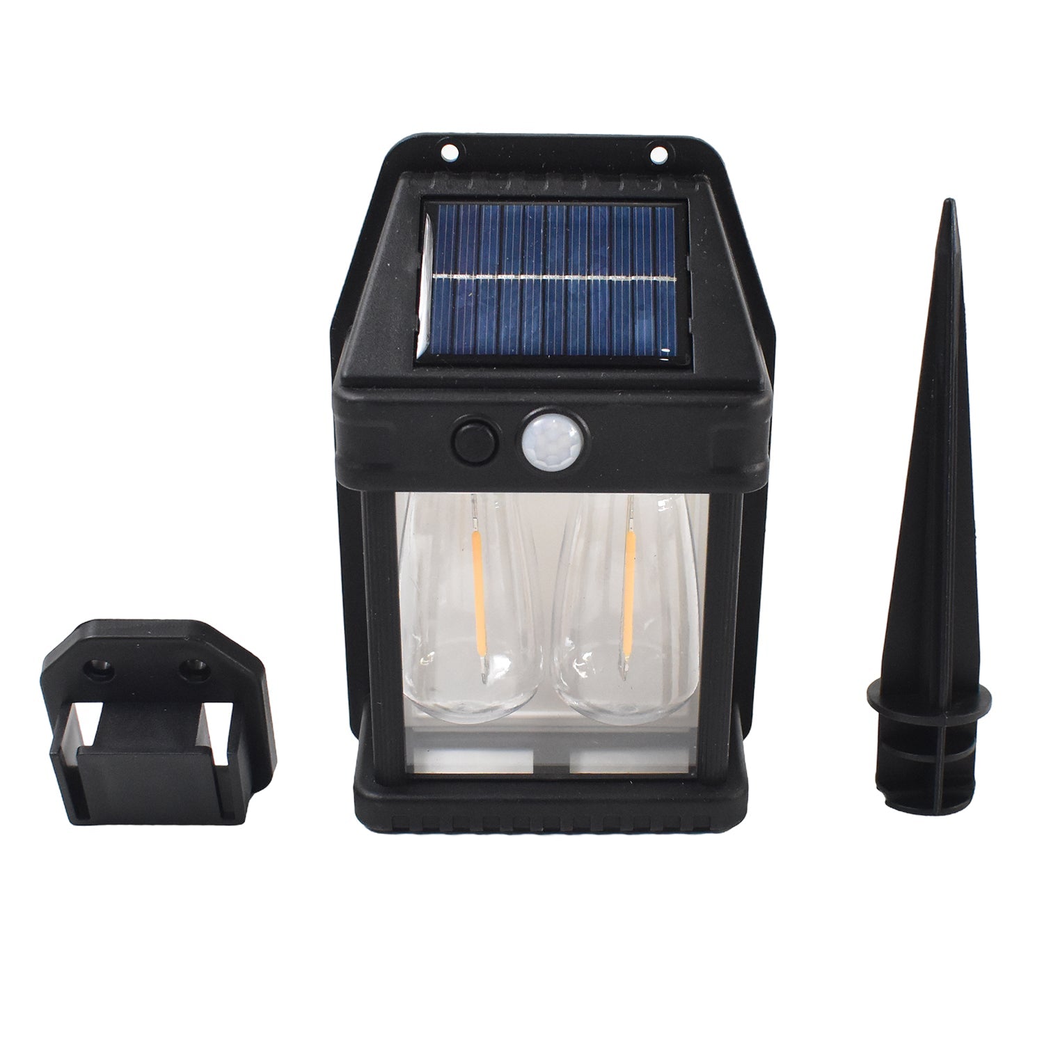 Warm white LED illumination from solar double light on garden fence