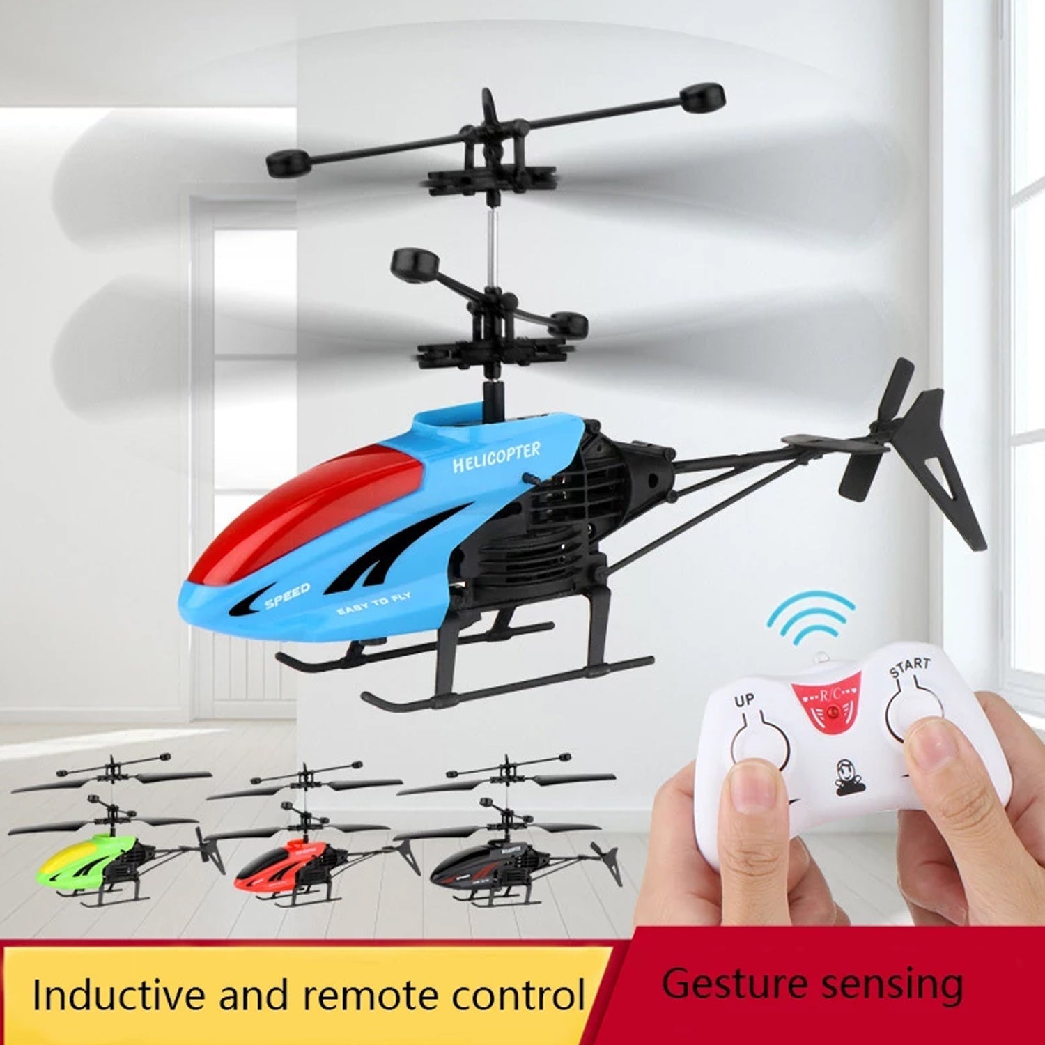 The USB rechargeable helicopter in mid-flight, showcasing its dynamic movement and stable hovering.