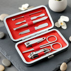 Complete manicure and pedicure grooming kit showing all stainless steel tools