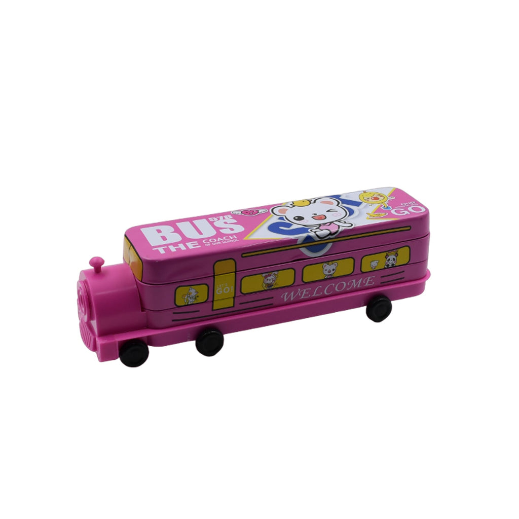 Close-up of the bus-shaped pencil case, featuring the integrated sharpener and glitter water details.