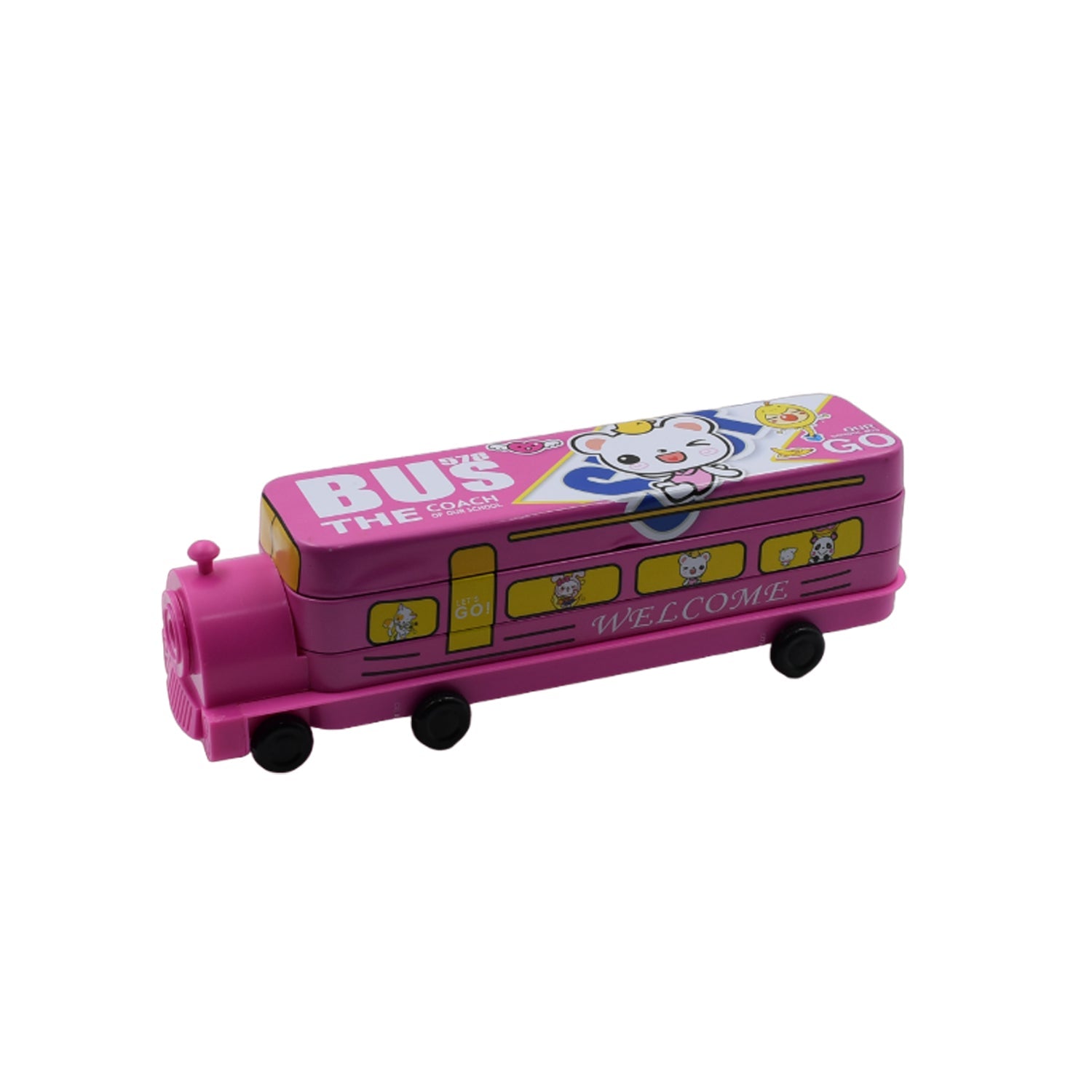 Close-up of the bus-shaped pencil case, featuring the integrated sharpener and glitter water details.