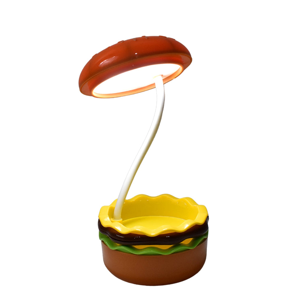Burger LED desk lamp demonstrating its adjustable brightness settings.