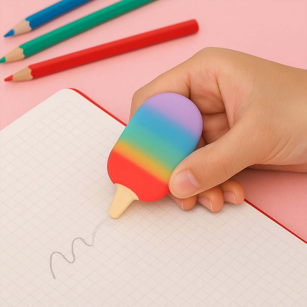 Assortment of fancy popsicle erasers showcasing different colors and shapes.