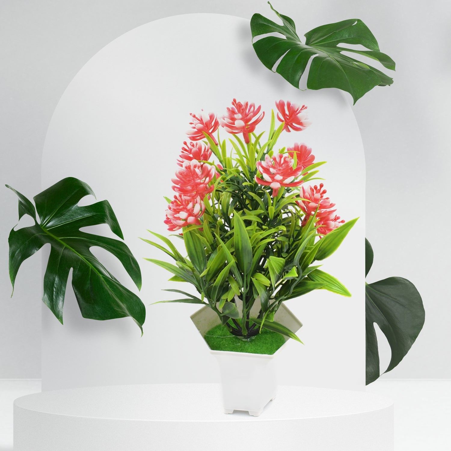 The artificial flower plant displayed on a wooden surface, highlighting its natural aesthetic for indoor spaces.