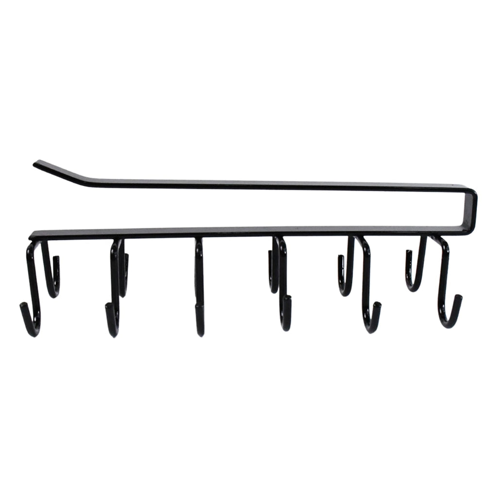 Side profile of sturdy black iron double-row cup holder rack.