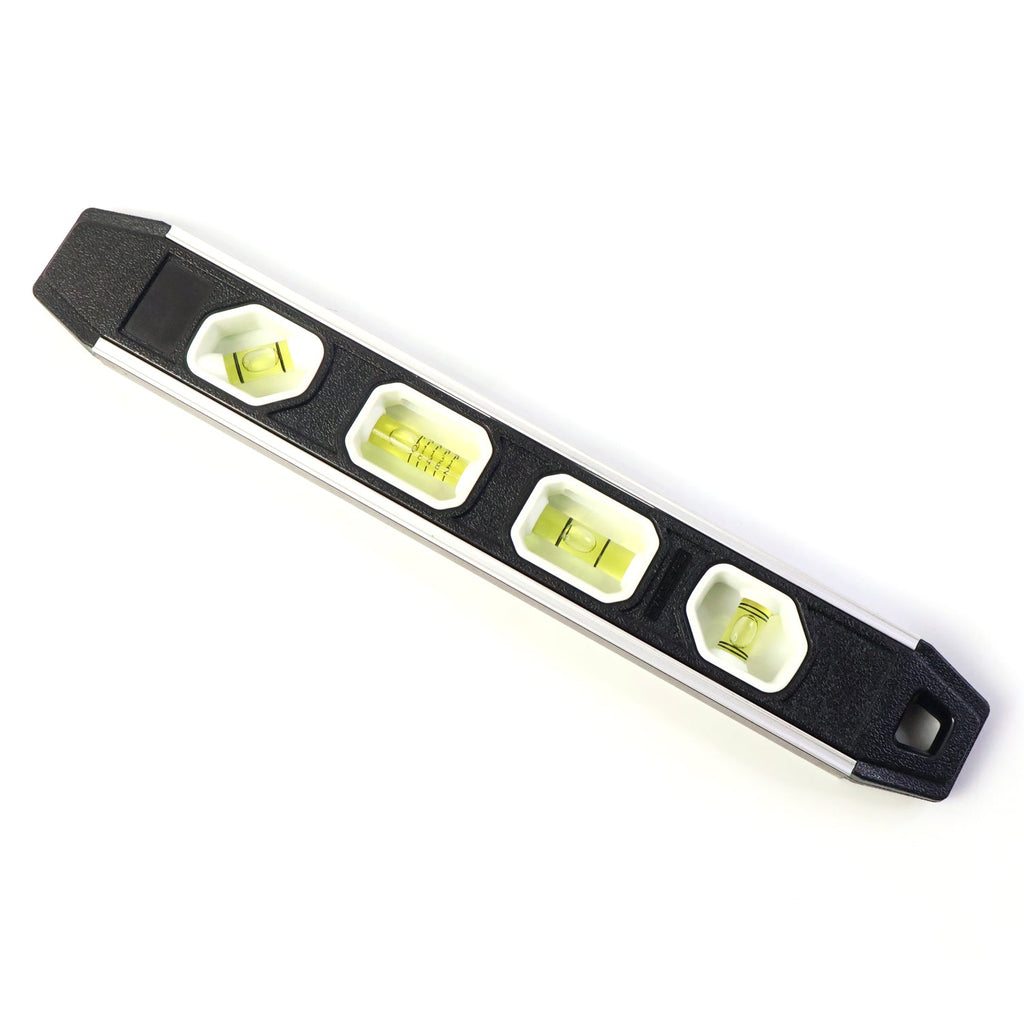 Aluminum spirit level showing ergonomic grip and shock absorbing end caps