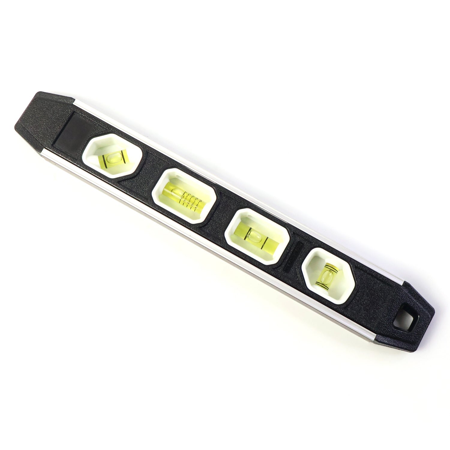 Aluminum spirit level showing ergonomic grip and shock absorbing end caps
