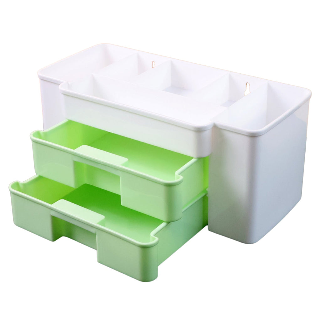 White desktop organizer used on a vanity table for cosmetics and beauty products.