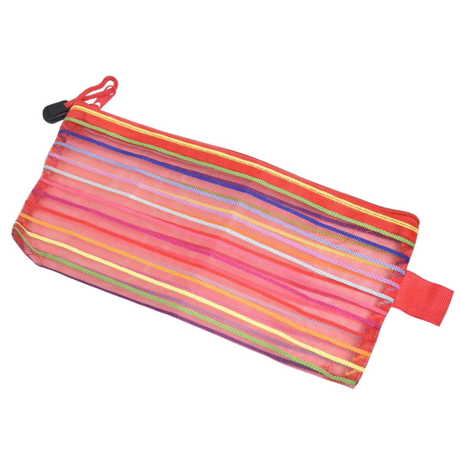 Transparent mesh pouch holding stationery items, demonstrating its storage capacity.