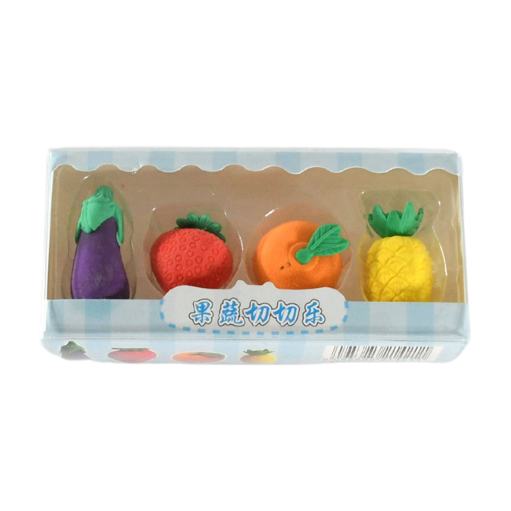 Top view showcasing the playful 3D fruit and vegetable erasers in bright hues.