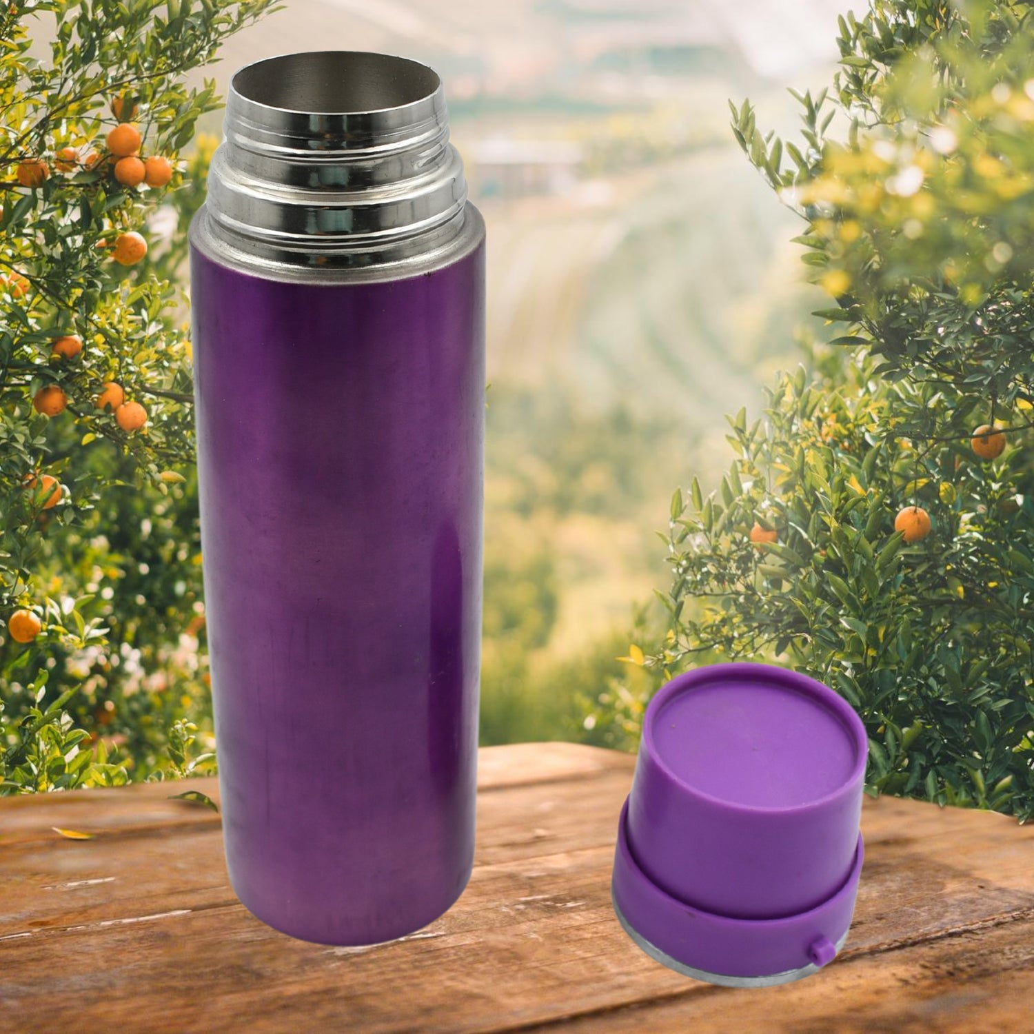 Upright view of the durable stainless steel bottle, showcasing its elegant finish.
